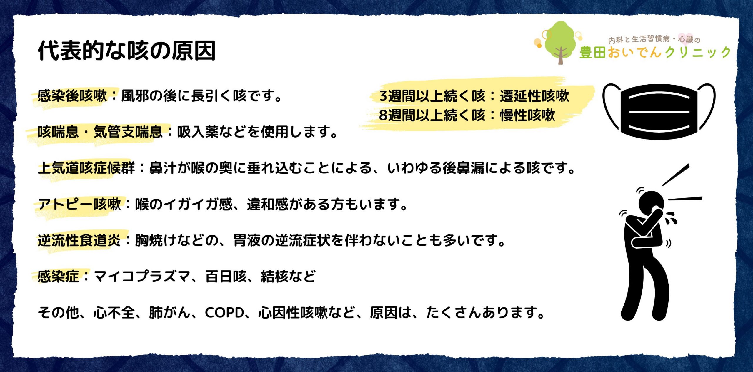 慢性咳嗽の種類。感染後咳嗽、逆流性食道炎、喘息、上気道咳症候群、マイコプラズマ